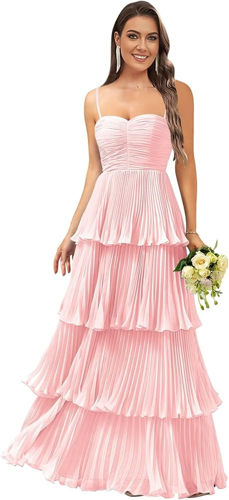 Lorencia Tiered Pleated Bridesmaid Dresses Long Chiffon Spaghetti Strap A Line Formal Evening Gow... | Amazon (US)