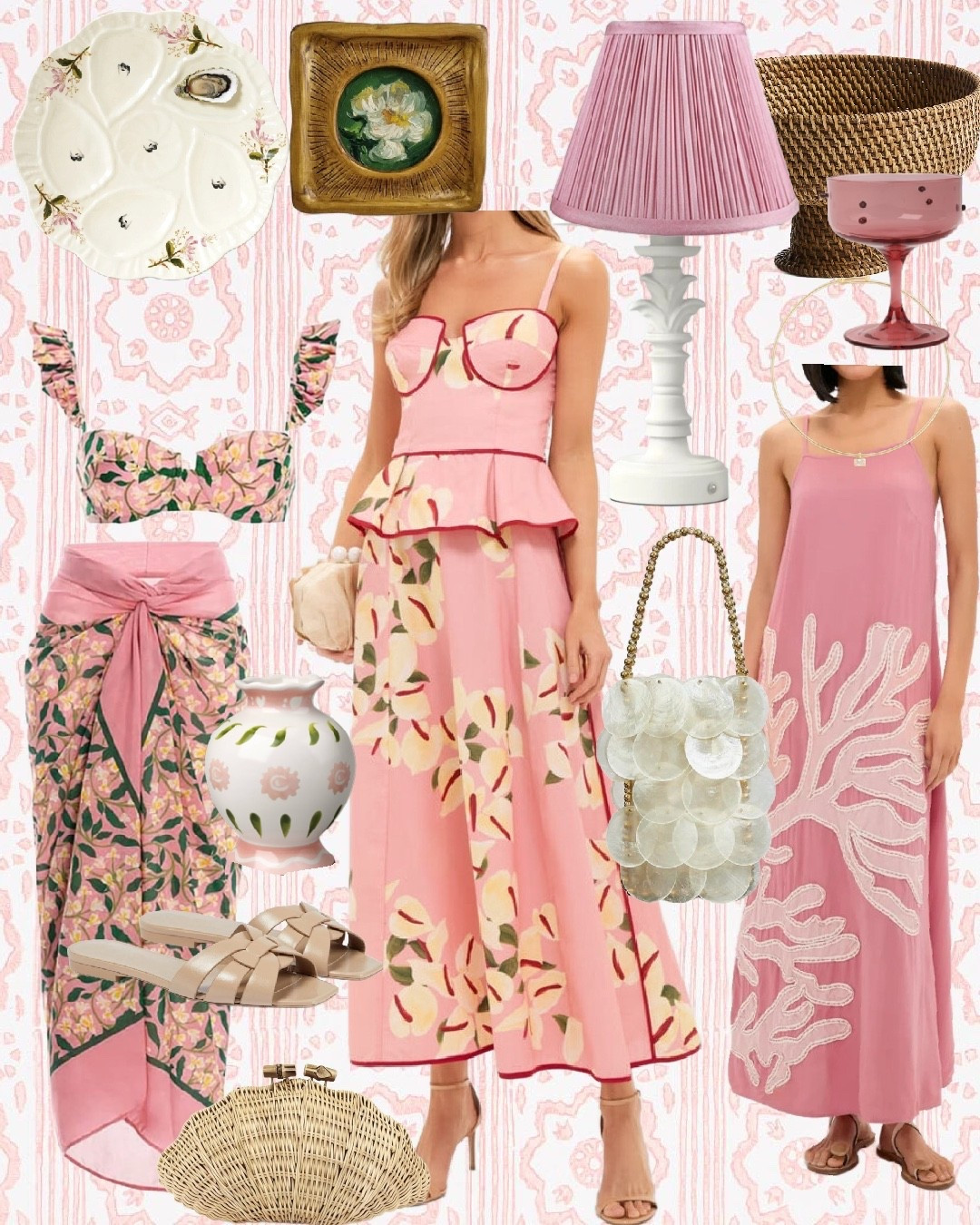 Pretty in pink, but make it grandmillennial 🌸✨
This edit is all about soft blush tones, floral details, and charming vintage-inspired accents—perfect for spring entertaining, coastal dinners, or adding a romantic touch to your everyday style and home. From feminine pink dresses to wicker accessories, pleated lampshades, and oyster-inspired decor, every piece layers beautifully together for that collected, classic look I love.

Shop the edit:
• Pink floral corset midi dress
• Pink coral-embroidered slip dress
• Floral bandeau bikini top
• Floral sarong / wrap skirt
• Nude woven slide sandals
• Natural wicker clutch
• Pearl shell beaded handbag
• Pink pleated lampshade
• White sculptural table lamp base
• Wicker basket pedestal
• Pink coupe cocktail glass
• Vintage-style oyster serving platter
• Floral ceramic trinket dish
• Pink floral ceramic vase

Tap to shop all my favorite pink finds and save this for spring outfit and home decor inspiration 💕

#LTKspring #LTKhome #LTKstyle #LTKfinds #GrandmillennialStyle #PinkDecor #SpringDecor #SpringOutfits #CoastalGrandmillennial #FeminineStyle #RomanticDecor #VintageInspired #FloralStyle #ChinoiserieStyle #PinkAesthetic #SpringEntertaining #ClassicStyle #SouthernStyle #LTKcreator target finds, Tuckernuck, Amazon finds, Wayfair, H&M, Zara 