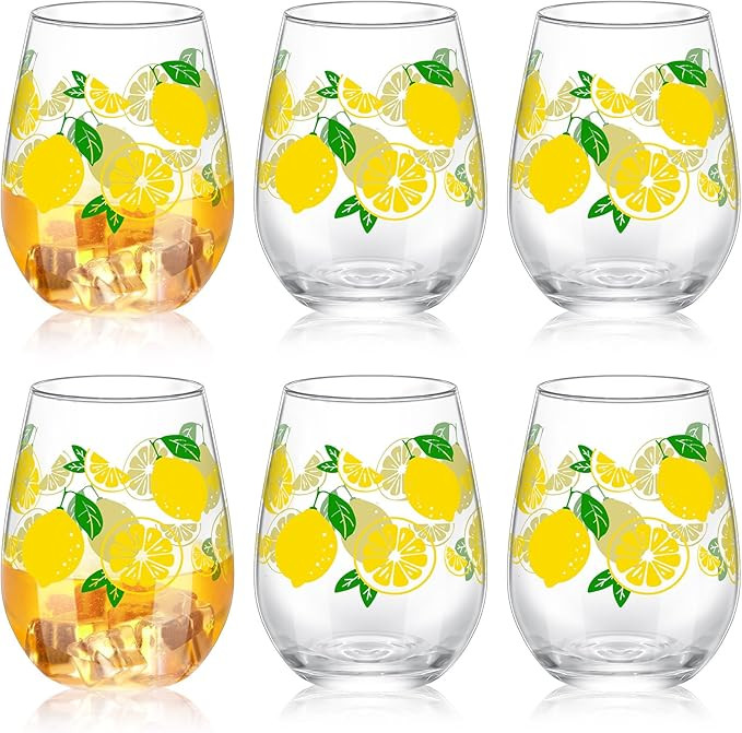 Maxcheck 6 Pcs Lemon Wine Glass Set 18 oz Summer Stemless Glasses with Yellow Lemon Designs for S... | Amazon (US)