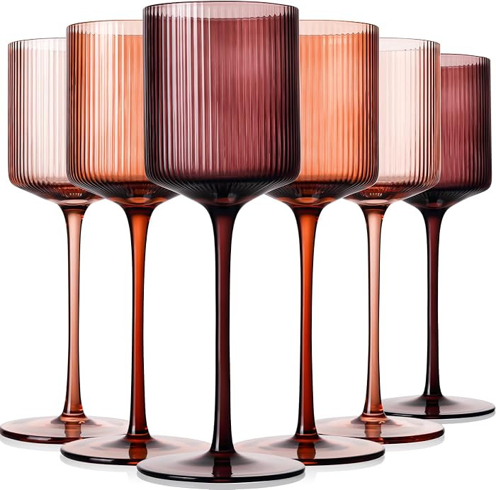 Melanin Colored Square Wine Glasses Set of 6,Elegant Ribbed Design Amber Glassware with Long Stem,11.5oz Red & White Wine Stemware For Home Dinner Party Housewarming Gift | Amazon (US)