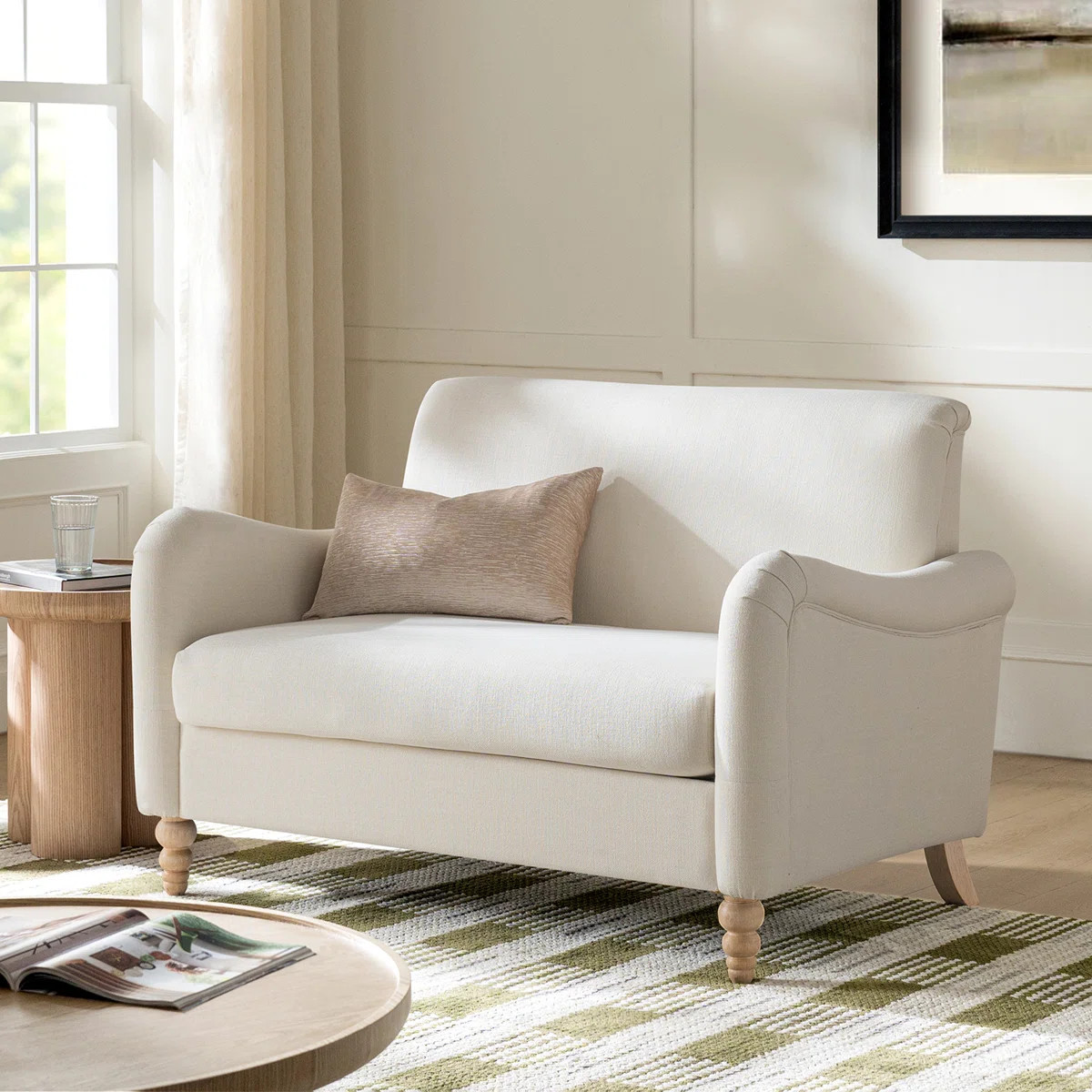 Terren 50.5"W Farmhouse Linen Upholstery Loveseat With Solid Wood Spindle Legs | Wayfair North America