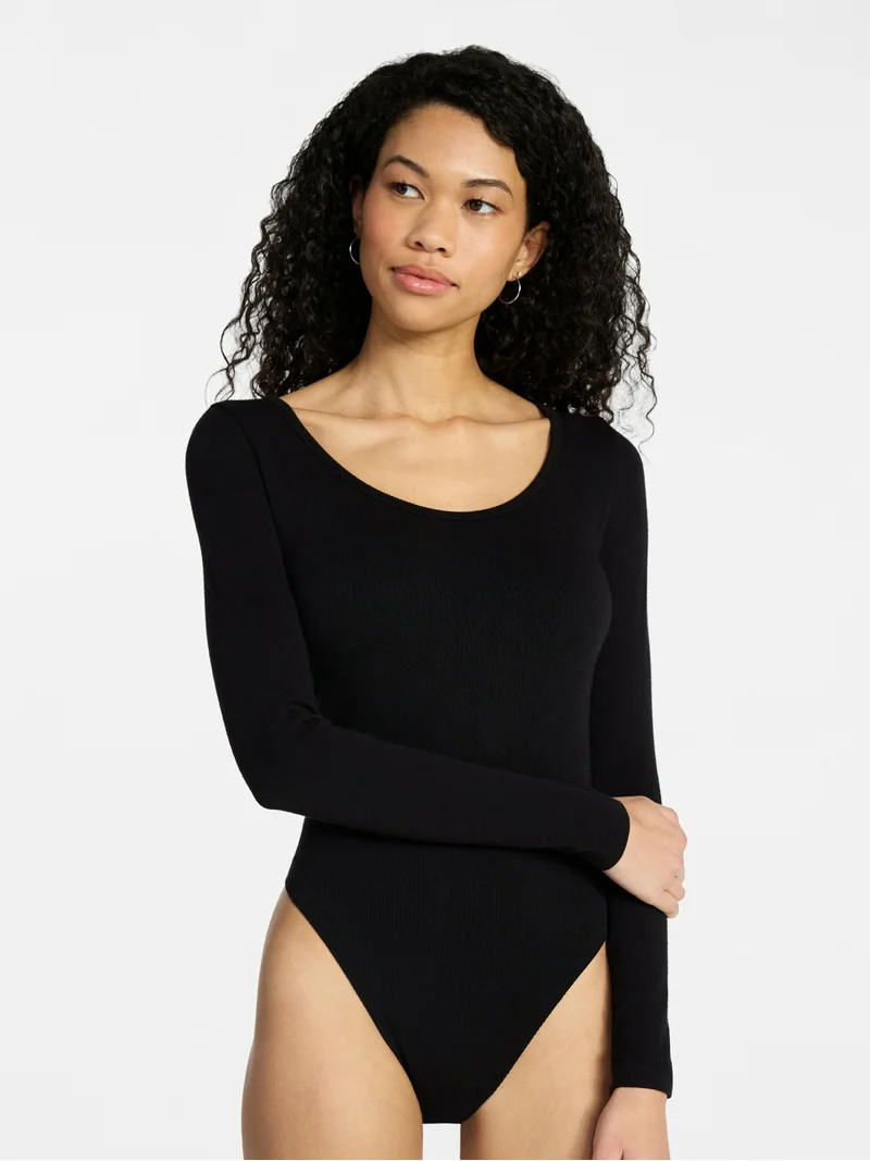 No Boundaries Seamless Scoop Neck Bodysuit with Long Sleeves, Women's XXS-XXL | Walmart (US)