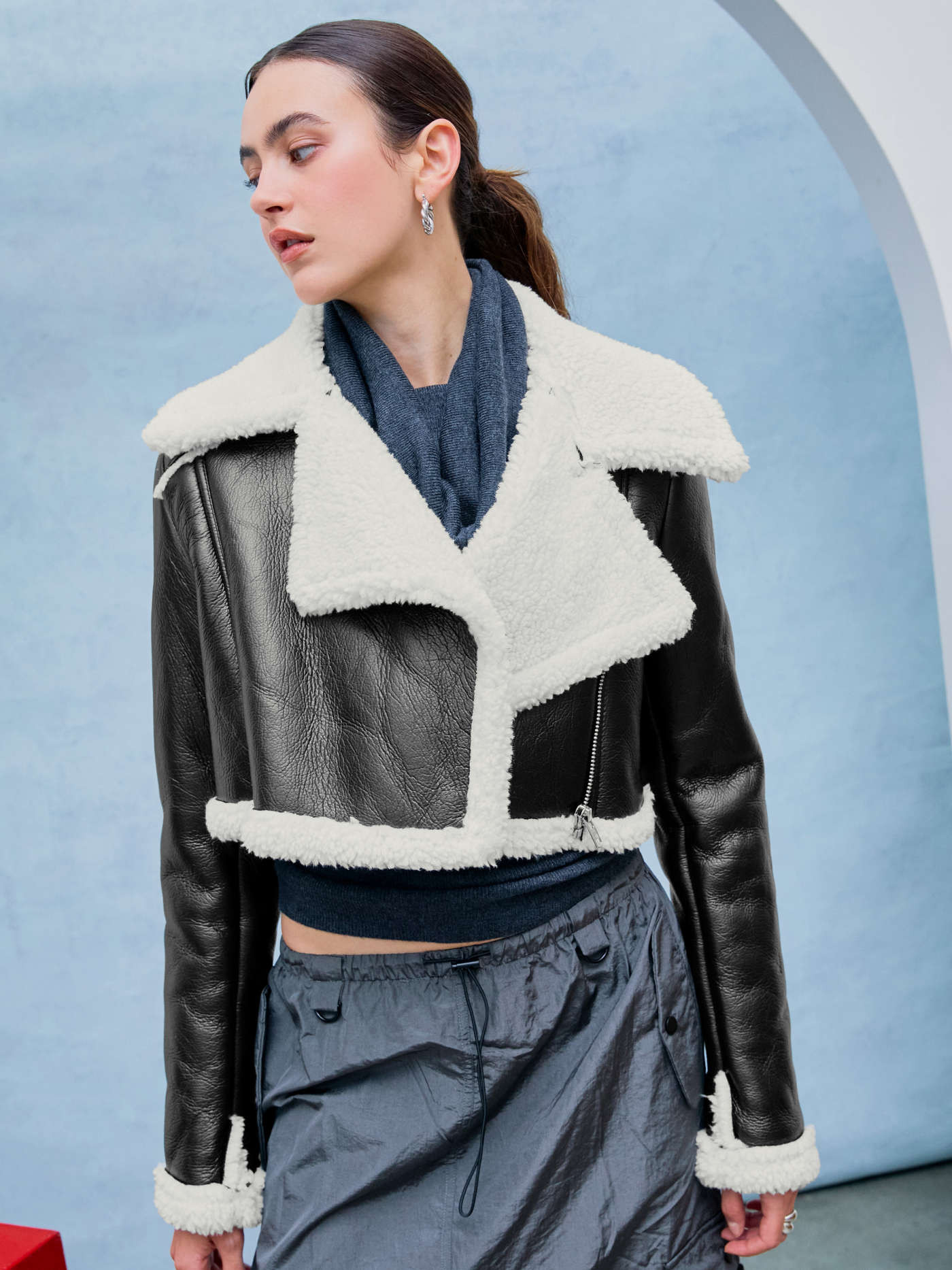 Fleece Drop Shoulder Zipper Biker Crop Jacket For Daily Casual | Cider