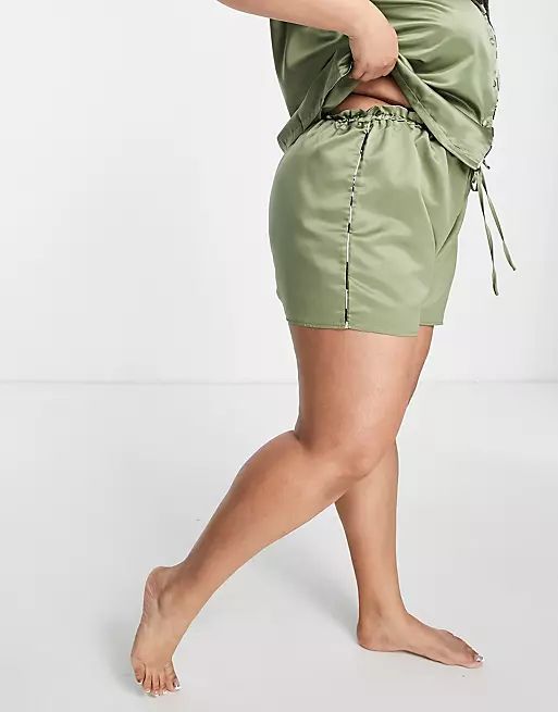 ASOS DESIGN Curve mix & match satin pajama short with animal print piping in olive | ASOS (Global)