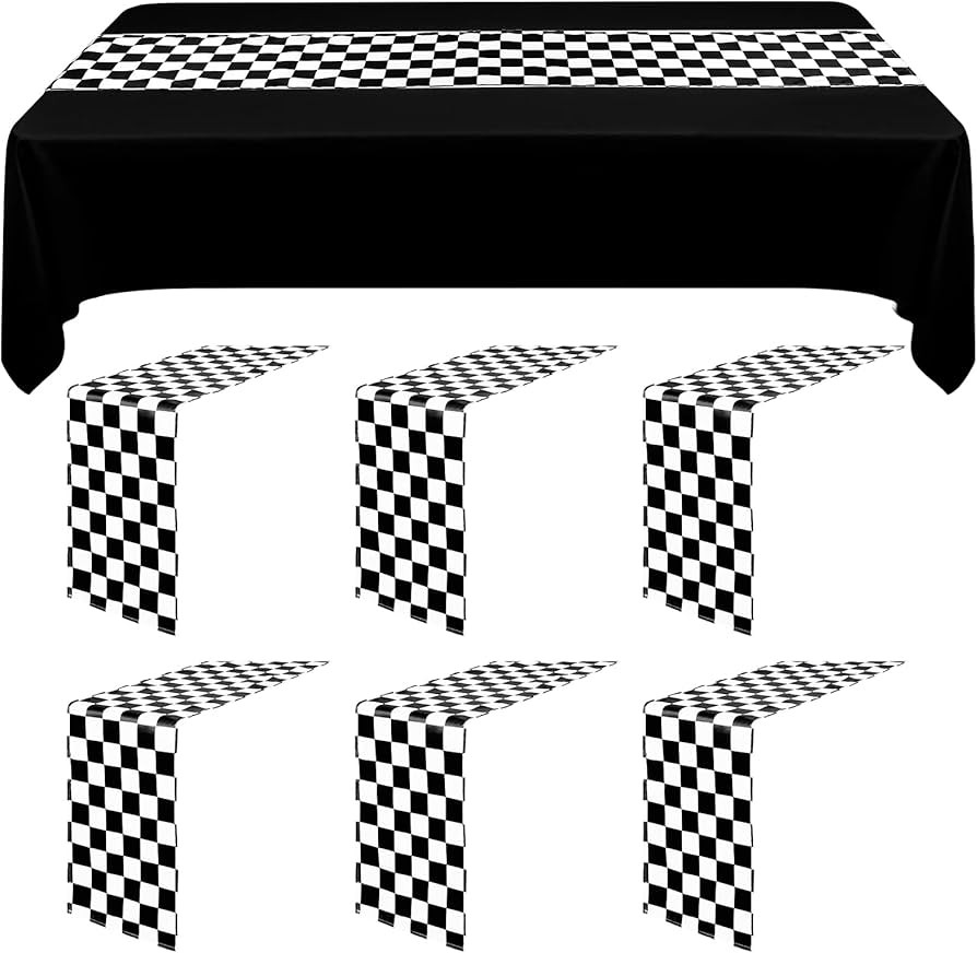 YMHPRIDE 6 Pack Checkered Table Runner Black and White Checkerboard Racing Flag Road Theme Polyes... | Amazon (US)