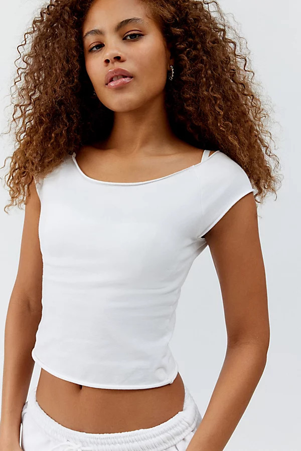 Out From Under Cotton Compression Boatneck Cropped Tee Top in White, Women's at Urban Outfitters | Urban Outfitters (US and RoW)