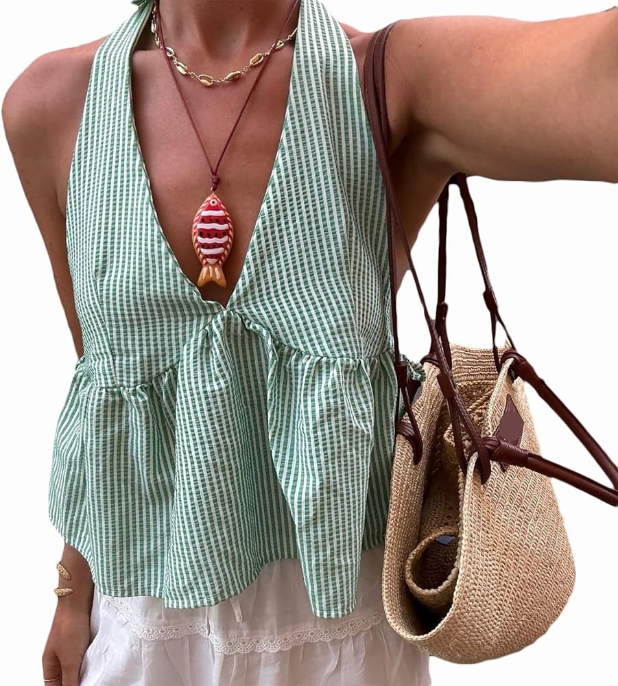 Women Y2K Plaid Babydoll Tank Tops Coquette Tie-up Halter Neck Sleeveless Vest Summer Backless Cr... | Amazon (US)