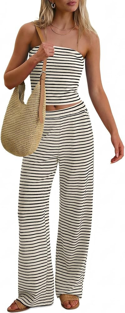 ANRABESS Women 2 Piece Sets Summer Striped Outfits Matching Tube Top Wide Leg Lounge Pants 2026 T... | Amazon (US)