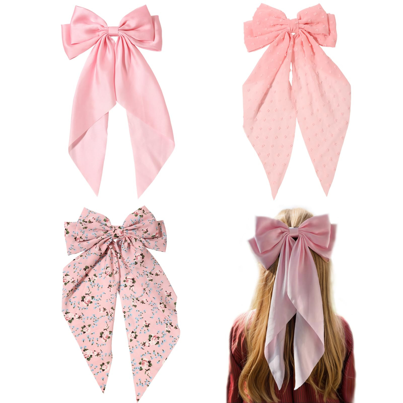 LFOUVRE Pink Hair Accessories - Bow Hair Clips, Bowknot Barrettes with Tail for Girls and Women, ... | Amazon (US)
