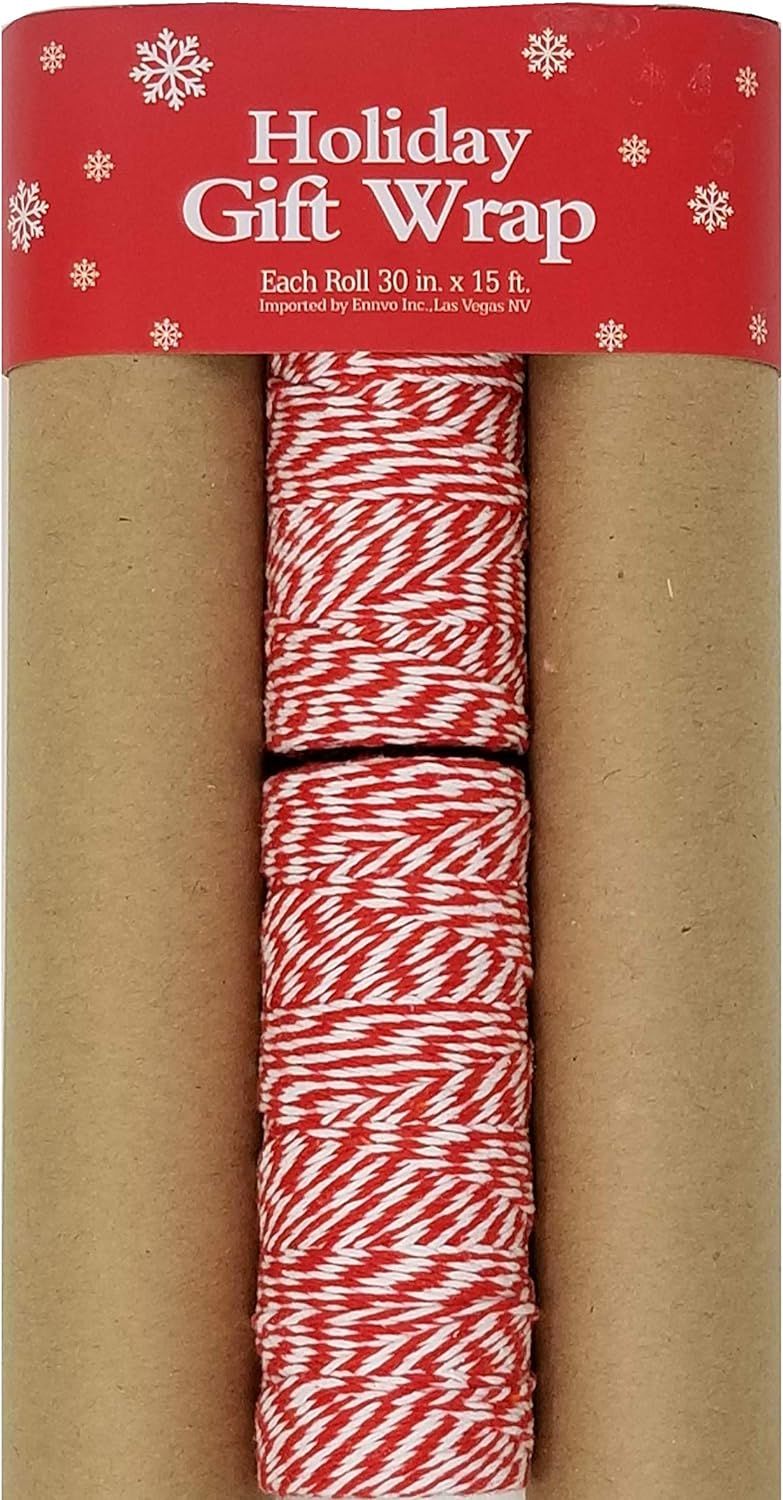 Christmas Brown Kraft Postal Wrapping Paper, 3 Rolls, with Red Bakers Twine | Amazon (US)