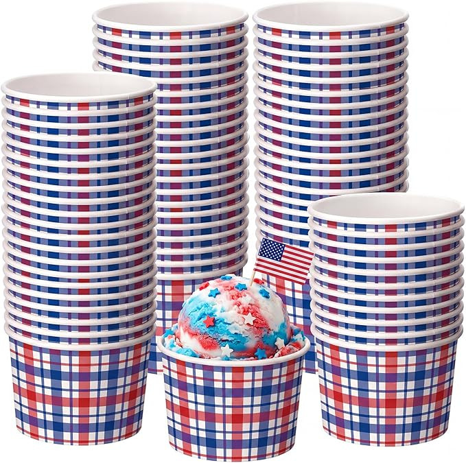 Funnymoom 50 Pack 4th of July Plaid Paper Ice Cream Cups 9 oz Patriotic Disposable Dessert Bowls ... | Amazon (US)