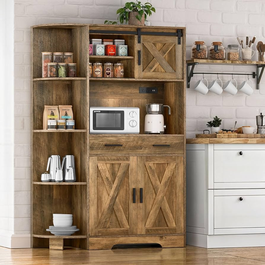 YITAHOME 67" Farmhouse Kitchen Pantry Storage Cabinet w/Sliding Barn Door ＆ Power Outlet, Frees... | Amazon (US)