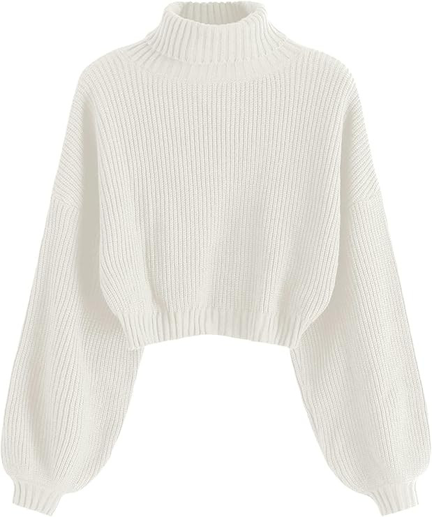 ZAFUL Women's Cropped Turtleneck Sweater Lantern Sleeve Ribbed Knit Pullover Sweater Jumper | Amazon (US)