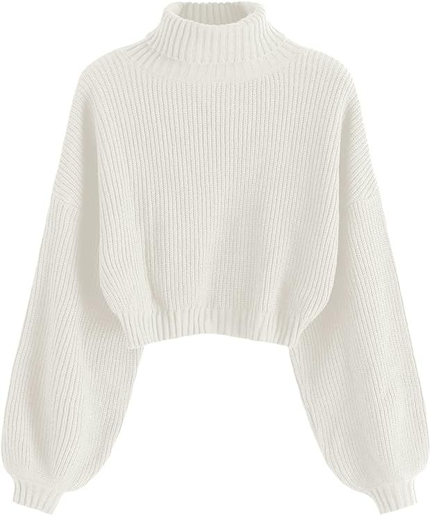 ZAFUL Women's Cropped Turtleneck Sweater Lantern Sleeve Ribbed Knit Pullover Sweater Jumper      ... | Amazon (US)