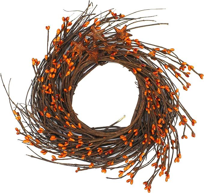 Amazon.com: CVHOMEDECO. Primitives Rustic Pip Berries and Twig with Rusty Barn Stars Wreath, 10-I... | Amazon (US)