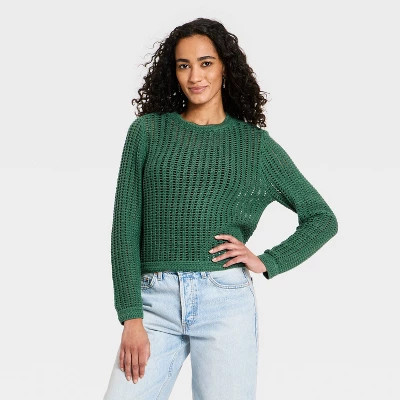 Women's Crochet Openwork Crewneck Pullover Sweater - Universal Thread™ Green M | Target