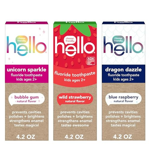 Hello Kids Fluoride Toothpaste Variety Pack, Includes a Strawberry Toothpaste, Unicorn Bubble Gum Toothpaste, and Blue Raspberry Toothpaste, Safe for Ages 2 and Up, 3 Pack, 4.2 Oz Each | Amazon (US)