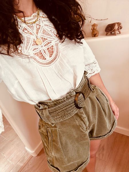 Lace top and green paperbag shorts - summer outfit - Sezane - French girl style - neutral outfit ideas 

#LTKSeasonal #LTKFind #LTKstyletip
