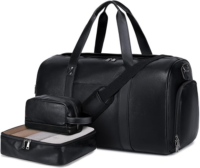 Wogarl 3PCS Leather Weekender Bag for Women Men: Large Overnight Travel Duffel Bags with Shoe Com... | Amazon (US)
