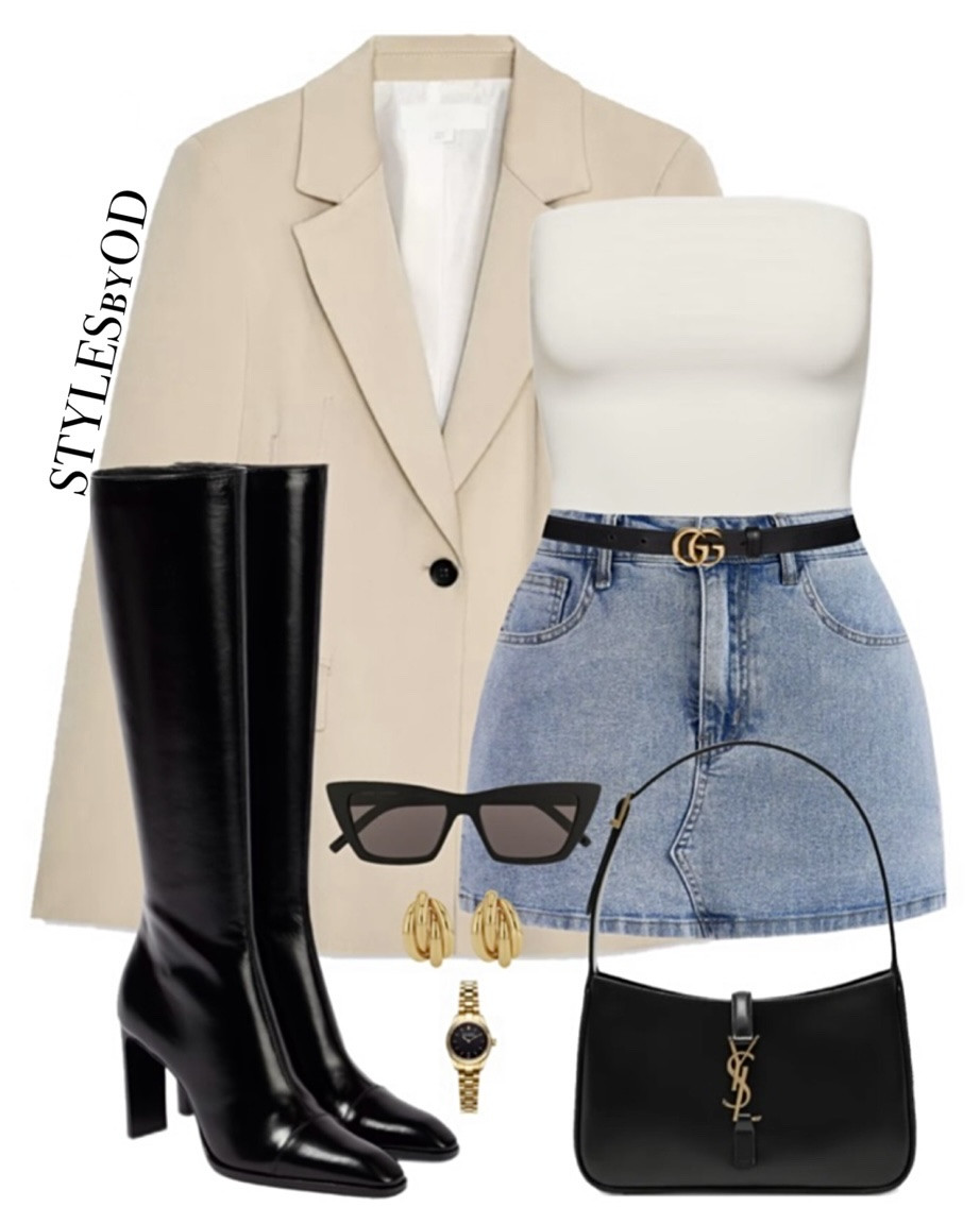 TRANSITIONAL STREET STYLE⛅️

The ultimate street chic outfit formula for late summer into early fall🙌🏼

A structured beige oversized blazer layered over a clean white tube top and a classic denim mini skirt instantly elevates casual daytime pieces. Grounded with sleek black knee-high leather boots, a thin belt, a structured shoulder bag, and sharp black cat-eye frames for a chic, high-contrast city look✨#LTKfashion

#LTKstyletip #LTKsale #LTKdatenight #LTKFashionMonth #LTKeurope #LTKautumn