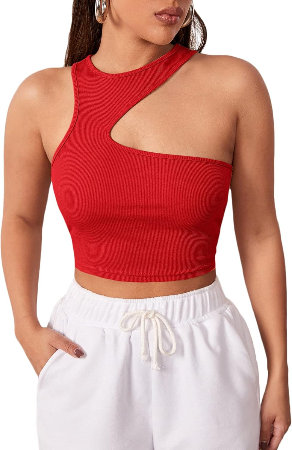 Verdusa Women's Asymmetrical Neck Sleeveless Slim Fitted Ribbed Crop Tank Top | Amazon (US)