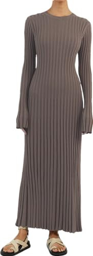 maxi ribbed sweater dress crewneck long sleeve knit dress for women grey fall dress winter dress long dresses knit womens sweater dress 2023 trendy pleated long dress knited ON-20230038-grey-S | Amazon (US)