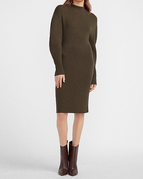 Ribbed Mock Neck Balloon Sleeve Sweater Dress | Express