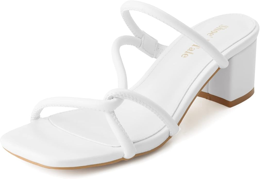 Shoe'N Tale Strappy Heels for Women Low Block Heeled Sandals Square Toe Slip On Slide Shoes | Amazon (US)