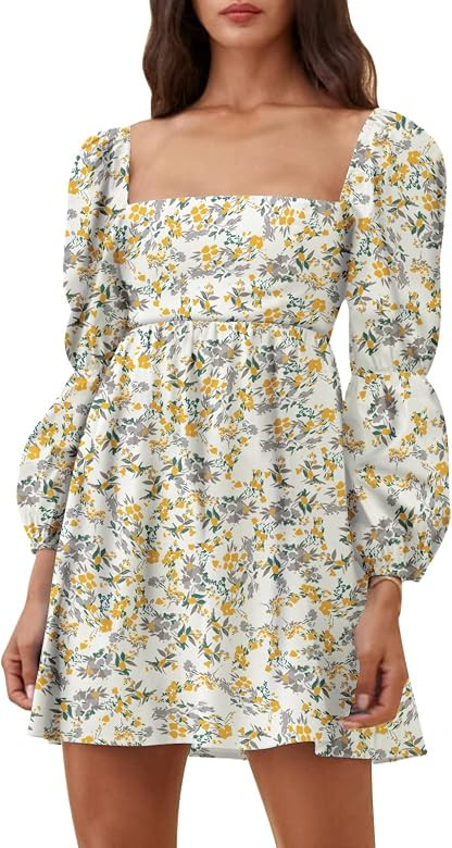 EXLURA Womens Square Neck Dress Long Puff Sleeve A-Line Casual Short Mini Dress | Amazon (US)
