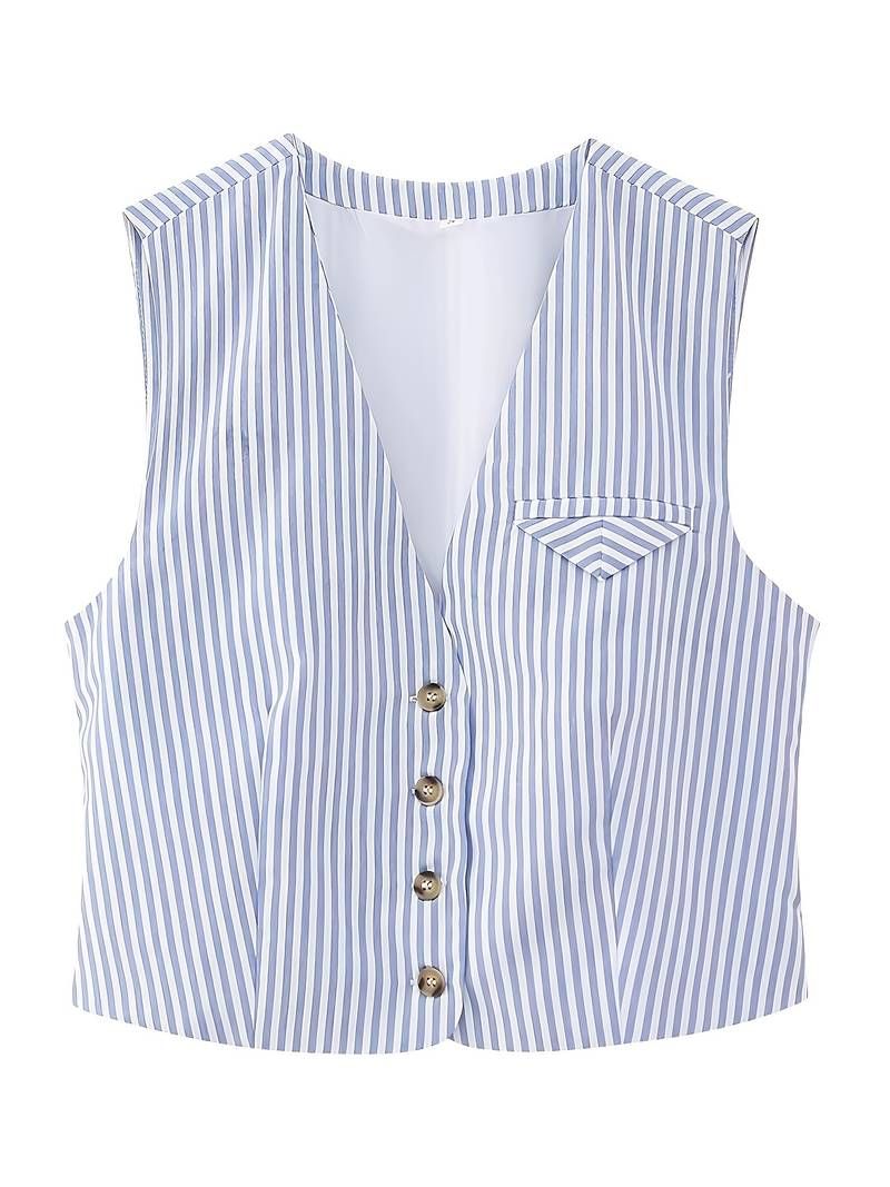 Striped Button Front Vest, Casual V Neck Sleeveless Fake Pocket Vest For Spring & Summer, Women's... | Temu Affiliate Program