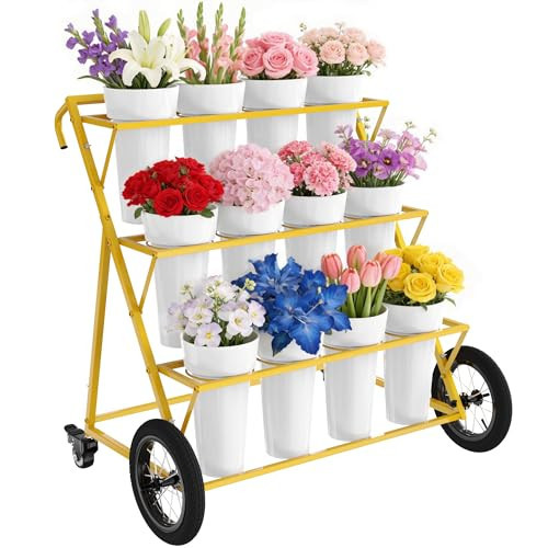 VGMiu Flower Display Stand with 12 Buckets,3 Layers Metal Flower Cart with Large Wheels, Moving Florist Bouquet Shelf for Indoor Outdoor Patio Garden Wedding Florist,Gold | Amazon (US)