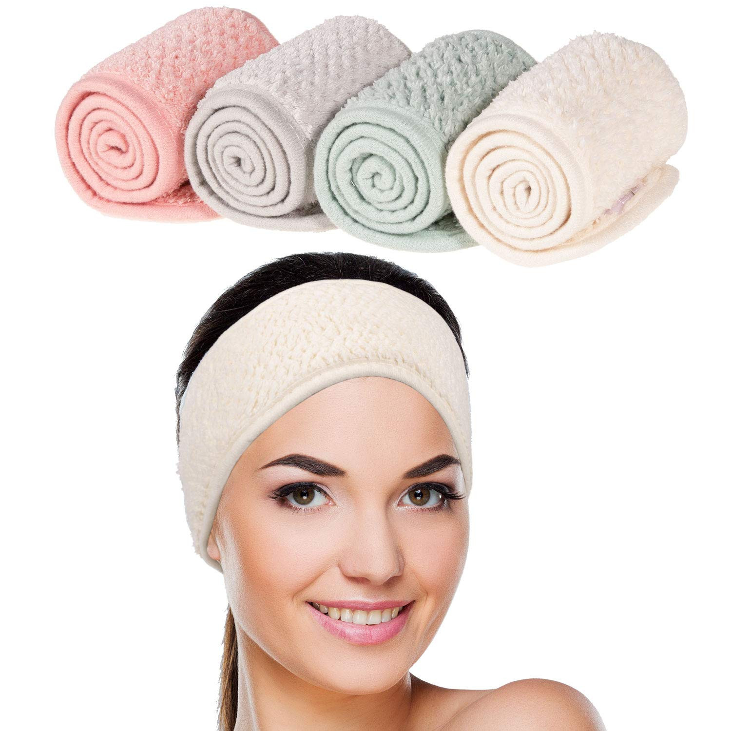 Whaline 4 Pack Spa Facial Headband Super Absorption Makeup Hair Wrap Adjustable Coral Fleece Hair Ba | Amazon (US)