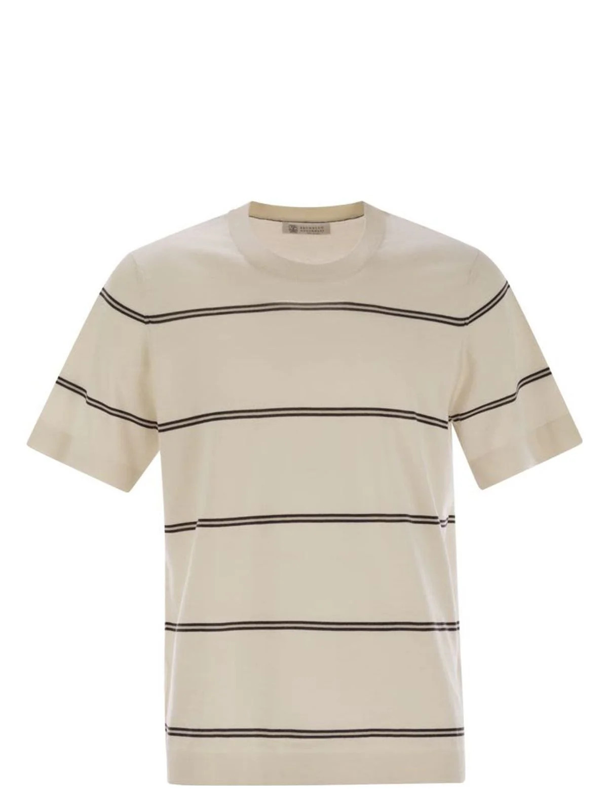 Brunello Cucinelli Men's Lightweight Striped Cotton Knit T-Shirt in Cream | Size 54 | M29805500 Color CTD66 | LOZURI