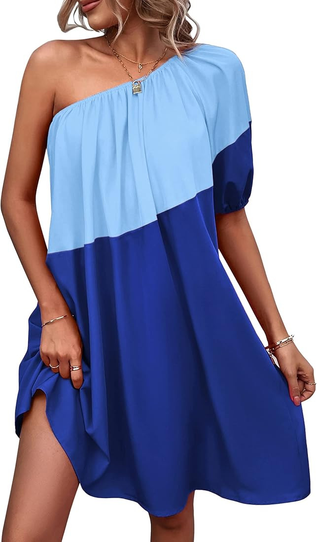 KIRUNDO Womens 2023 Summer Casual One Shoulder Mini Babydoll Dress Puff Sleeve Loose Tiered A Lin... | Amazon (US)