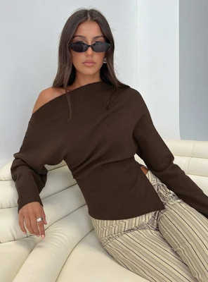 Kaelith Off Shoulder Knit Sweater Brown | Princess Polly US