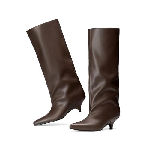 vivianly Knee High Boots for Women Wide Calf Pointed Toe Fold Over Black Boots Kitten Heel Comfortable for Dress & Daily Wear size 9.5 | Amazon (US)