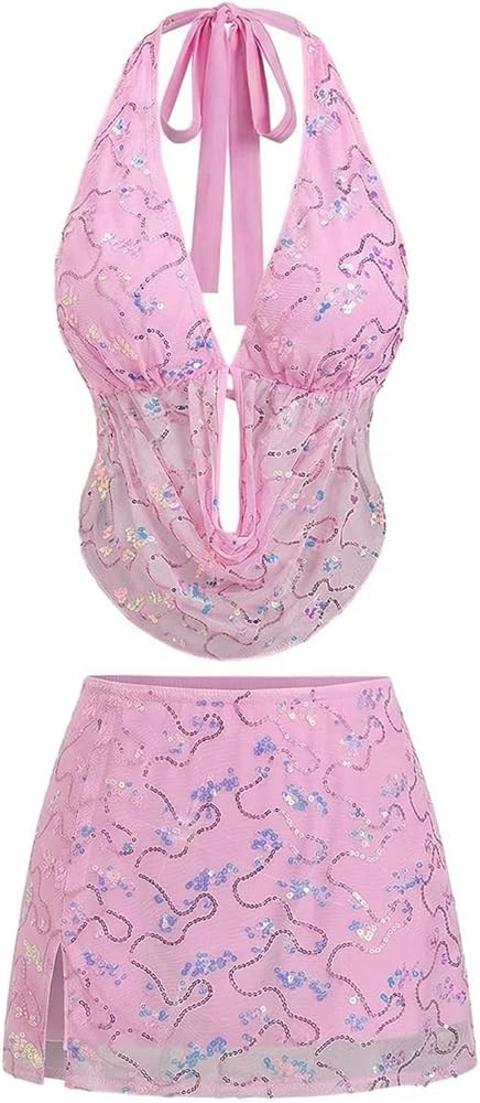 OYOANGLE Women's Two Piece Skirt Set Floral Sequin Draped Mesh Backless Halter Top and Mini Skirt... | Amazon (US)