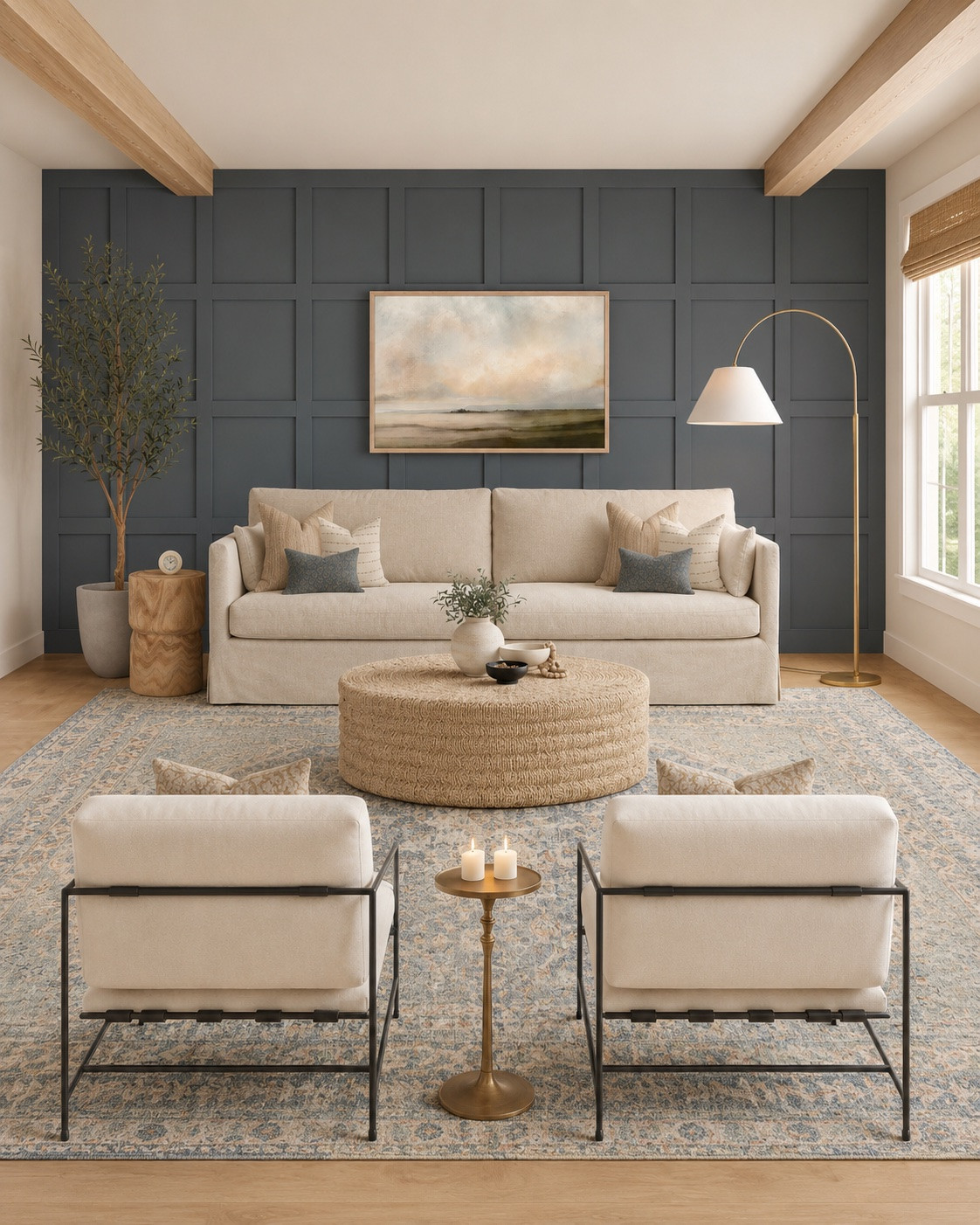 navy accent wall, board and batten wall, living room, coastal living room, modern coastal, neutral living room, white sofa, accent chairs, lounge chairs, ottoman coffee table, woven coffee table, washable rug, vintage style rug, area rug, home decor, living room inspiration, interior design, transitional style, organic modern, Studio McGee style, McGee and Co, Serena and Lily style, Nancy Meyers aesthetic, cozy living room, timeless home decor, blue and neutral decor, light wood beams, home styling, designer living room

#LTKSeasonal #LTKHome #LTKSaleAlert