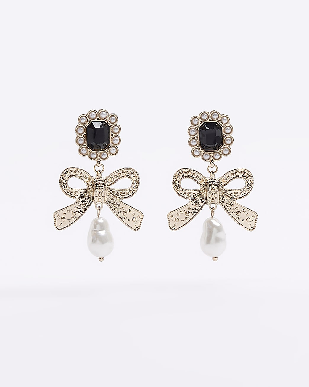 Gold pearl bow drop earrings | River Island (UK & IE)