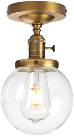 Industrial Brass Semi-Flush Mount Ceiling Light, Vintage Style Pendant Lighting, Glass Shade Hang... | Amazon (US)