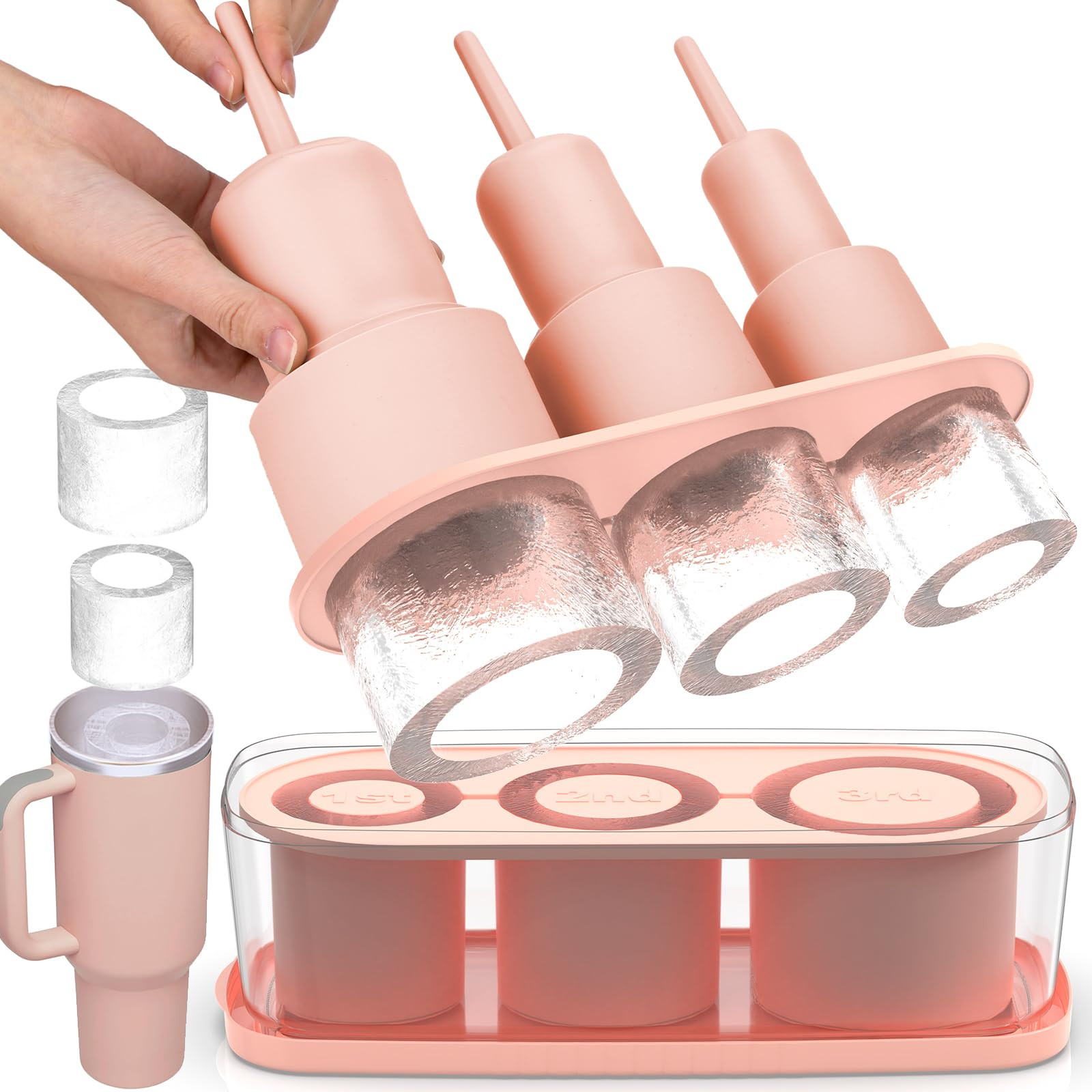 Ice Cube Tray for Tumbler Cup 30Oz-40Oz, 3 Pcs Silicone Cylinder Ice Mold with Lid and Bin for Fr... | Amazon (US)