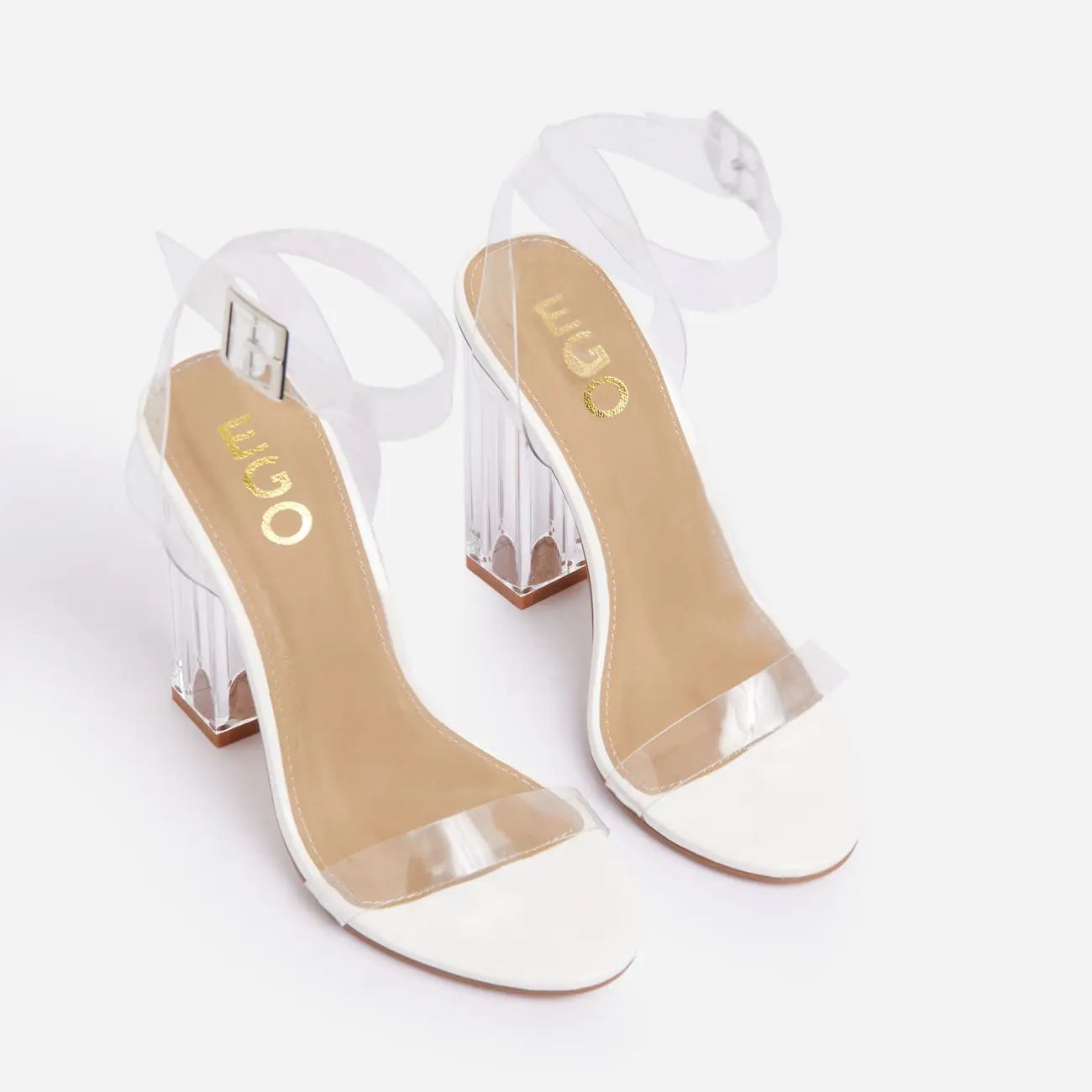 Mercie Barely There Perspex Block Clear Heel In White Patent | EGO Shoes (US & Canada)