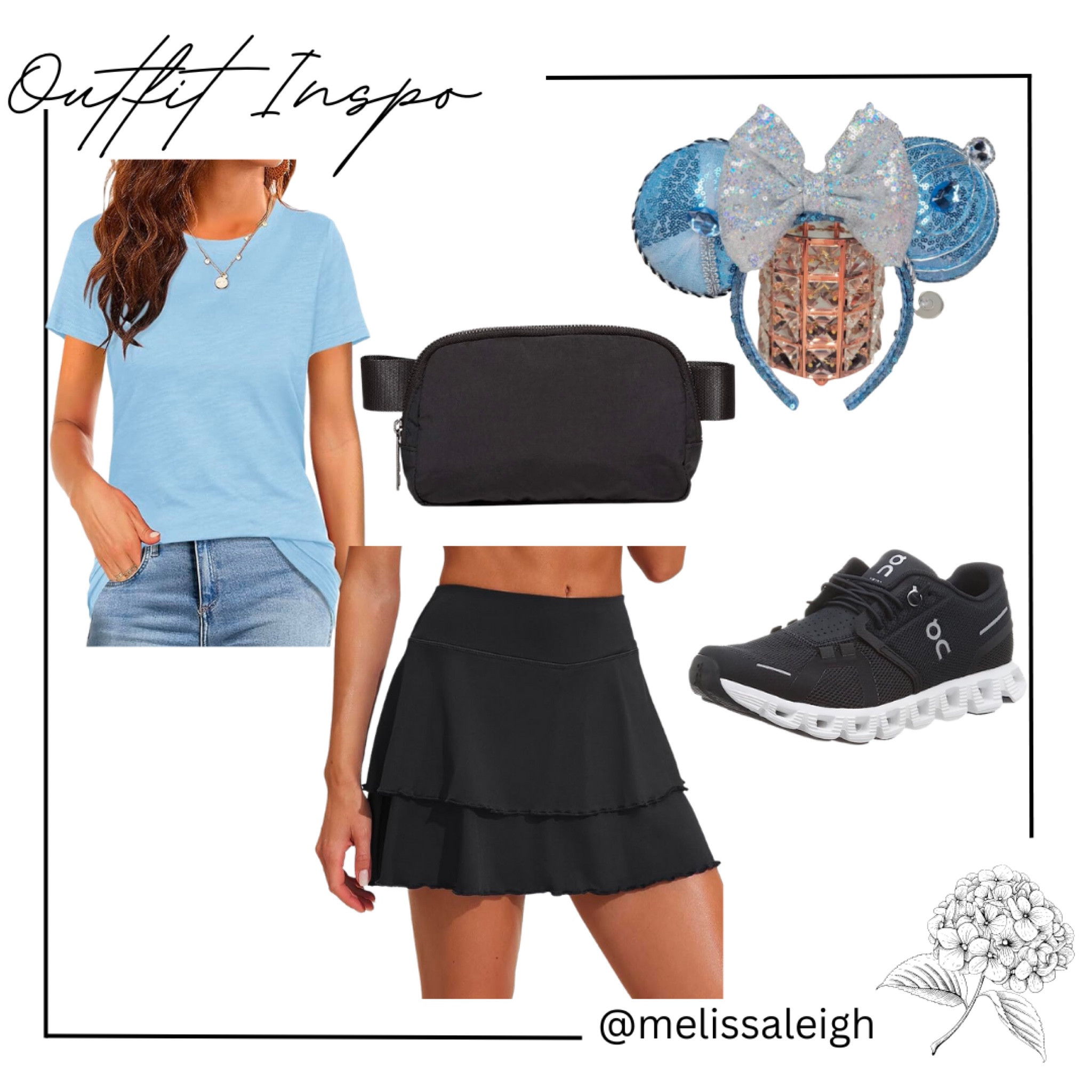 Disney parks outfit - Cinderella - light blue t-shirt, skort, on running shoes, lululemon inspired belt bag, Cinderella Minnie ears - casual outfit, Disney style, disneybound, Disney princess, workout outfit, running outfit 

#LTKFind #LTKfitness #LTKstyletip