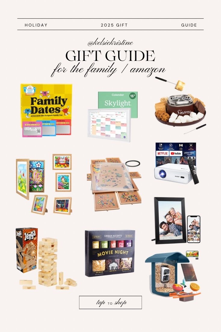 Gift guide for the family // these gifts would be so fun and great for the whole family to enjoy / game night / skylight family calendar / smores board / kid artwork frame / puzzle table / projector / jenga / digital picture frame / bird watching camera / movie night popcorn set

#LTKHoliday #LTKGiftGuide #LTKFamily