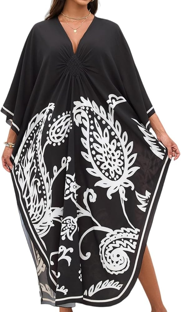 Kenvina Print Moo-Moos for Women Kaftan Cover-Up Dresses Sexy V-Neck High-Slit Beach Pool-Party C... | Amazon (US)