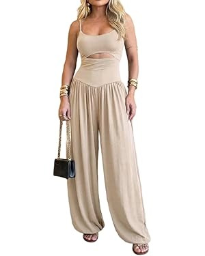 Amazon.com: ChicMe Couture Jumpsuits for Women Sleeveless Cut-Out Waist U-Neck Backless Tie-Back ... | Amazon (US)