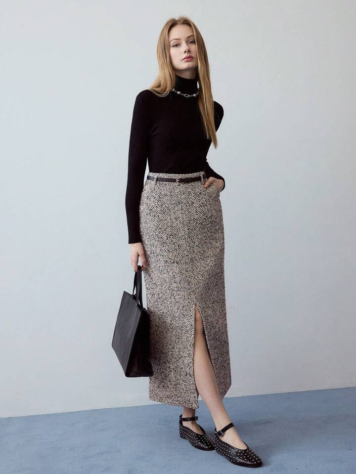 MOTF STUDIO TWEED SPLIT HEM SKIRT | SHEIN