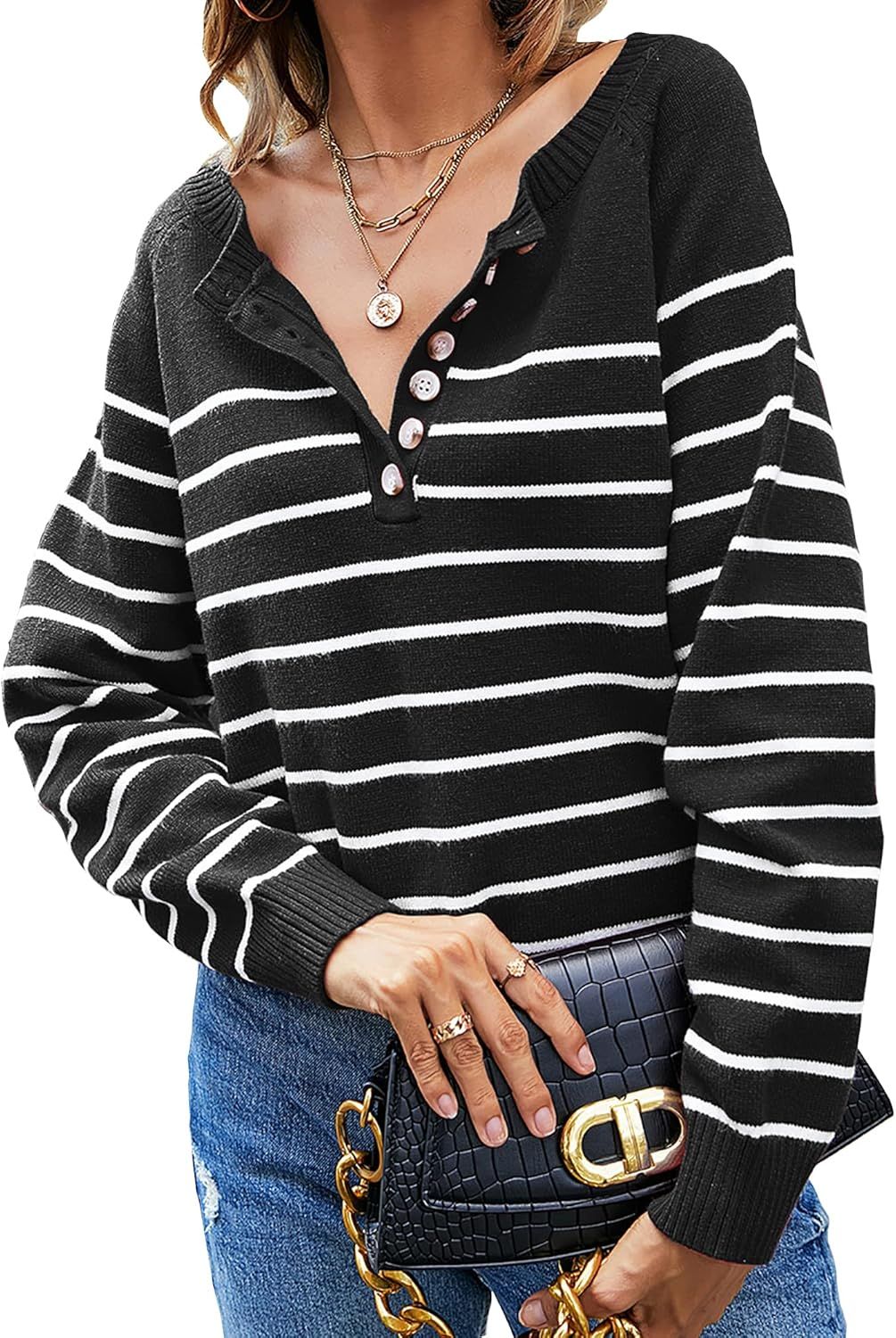 BTFBM Women's Sweaters Casual Long Sleeve Button Down Crew Neck Ruffle Knit Pullover Sweater Tops... | Amazon (US)