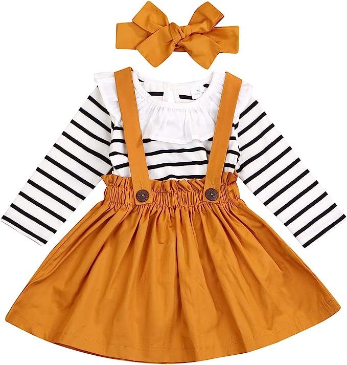 Toddler Girls 3pcs Black White Stripes Floral Ruffle Tops Jumpsuit + Suspender Skirt Set | Amazon (US)