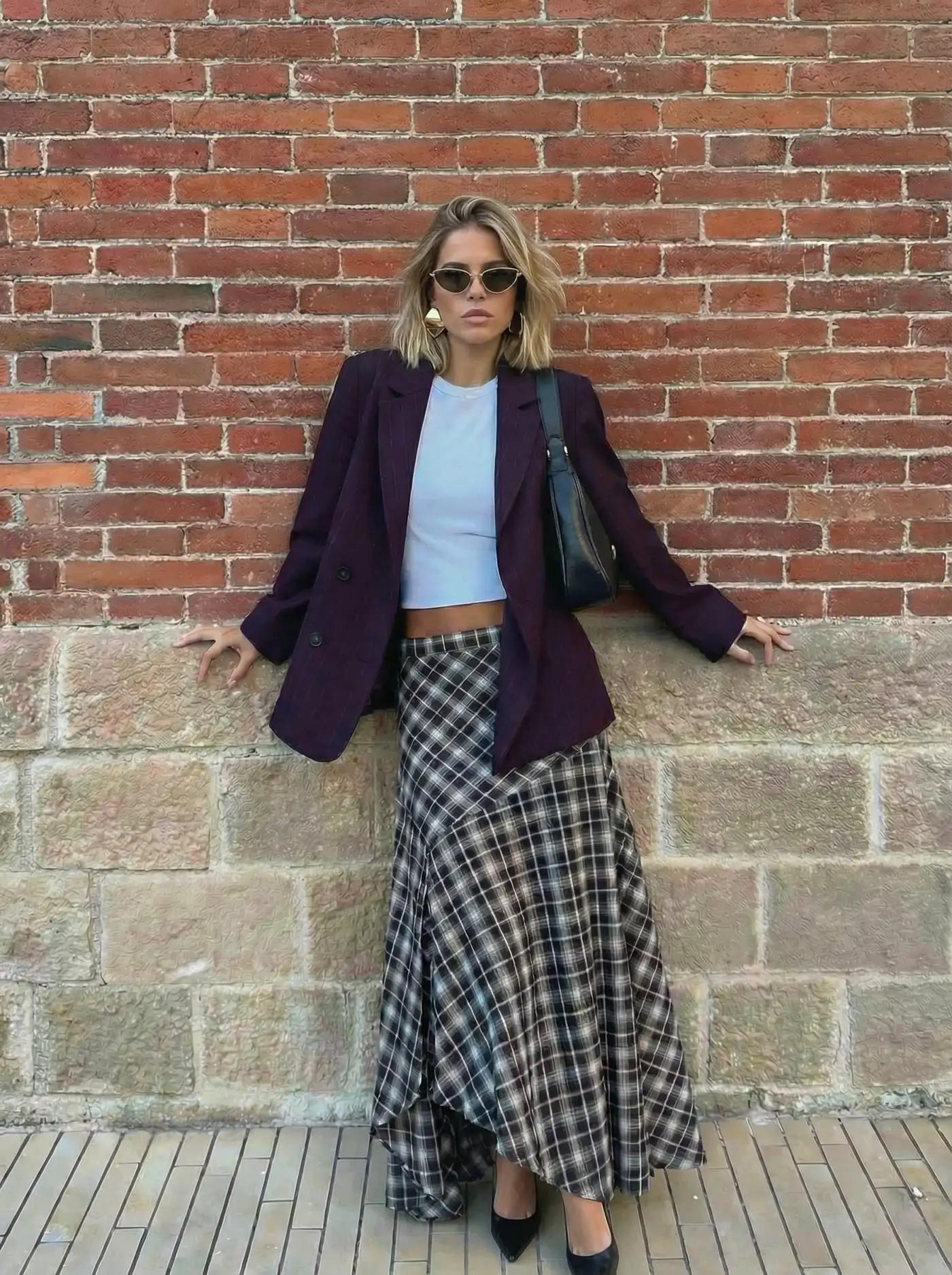 Woven 100% Cotton High Rise Asymmetrical Plaid A-Line Split Maxi Skirt For Daily Casual | Cider